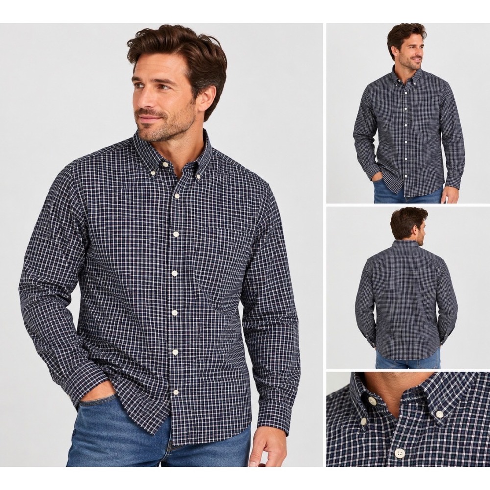 UNTUCKit Tully Navy Check Performance Button Down Shirt Regular Fit Small